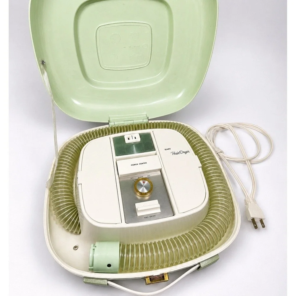 Vintage Sears Portable Bonnet Hair Dryer Mint Green Carry Case Tested Works